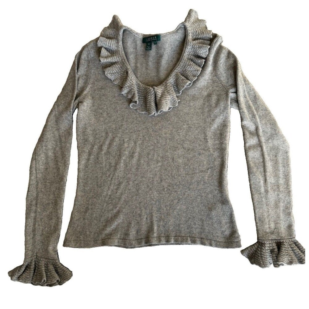 Lauren Ralph Lauren Silk Cashmere Sweater Womens S Gray Ruffle Neck Cuffs EUC